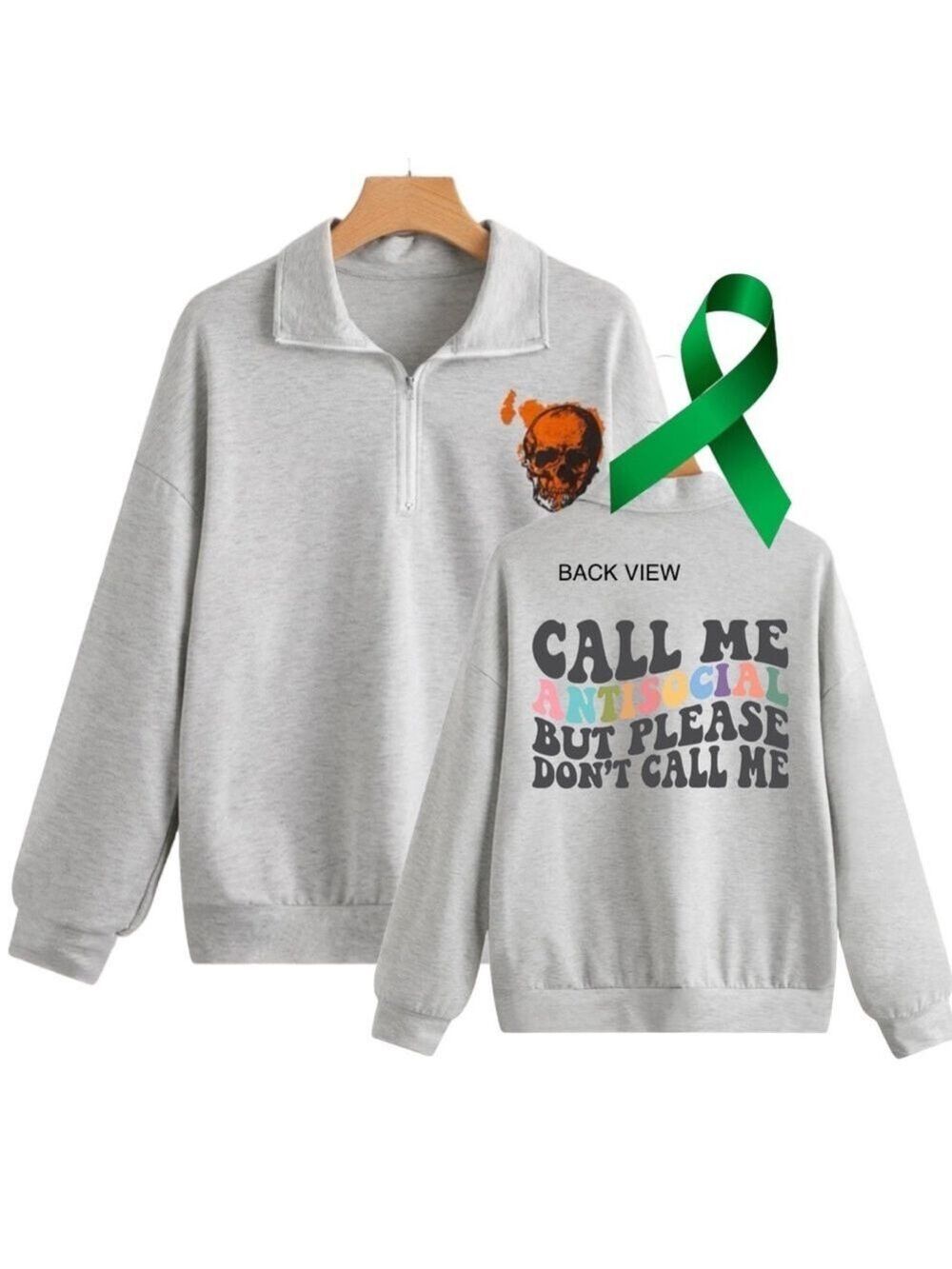 Antisocial mental health graphic quarter zip raglan pullover sweatshirt small